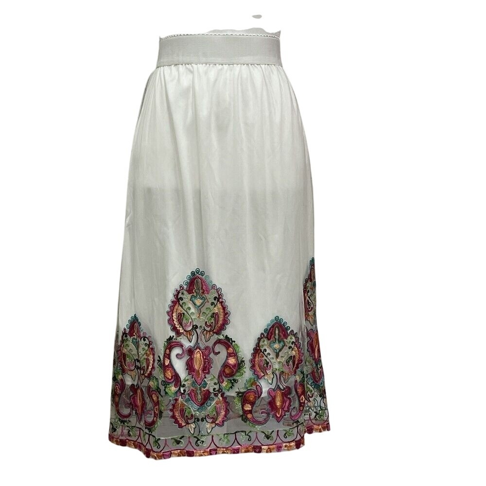 New White Skirt‎ Embroidery Hem Elastic Waist Sz L Boho Cottagecore Indie Fairy
